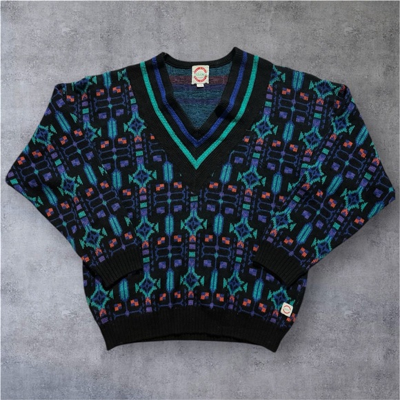 Tabasco Other - Tabasco V-Neck Sweater - Black and Blue Pattern